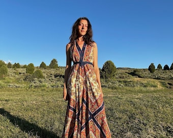 70s Wide Leg Halter Jumpsuit / Woodstock Paisley Jumpsuit/ Vintage Wide Leg Jumpsuit / Xs/ S / 27 Waist / Woodstock Fashion
