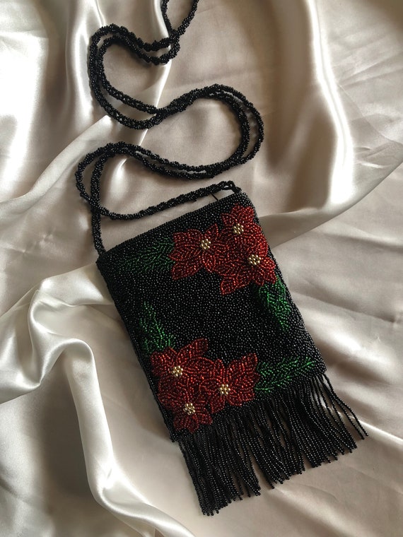 Beaded Purse / Small Black Beaded Bag / Vintage Cr