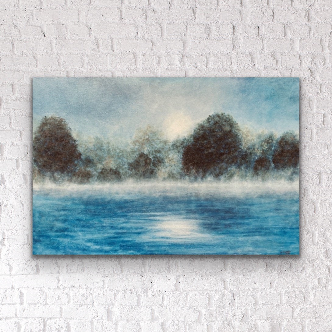 Lake Landscape Painting Print, Peaceful Misty Lake Scene, Lakeside