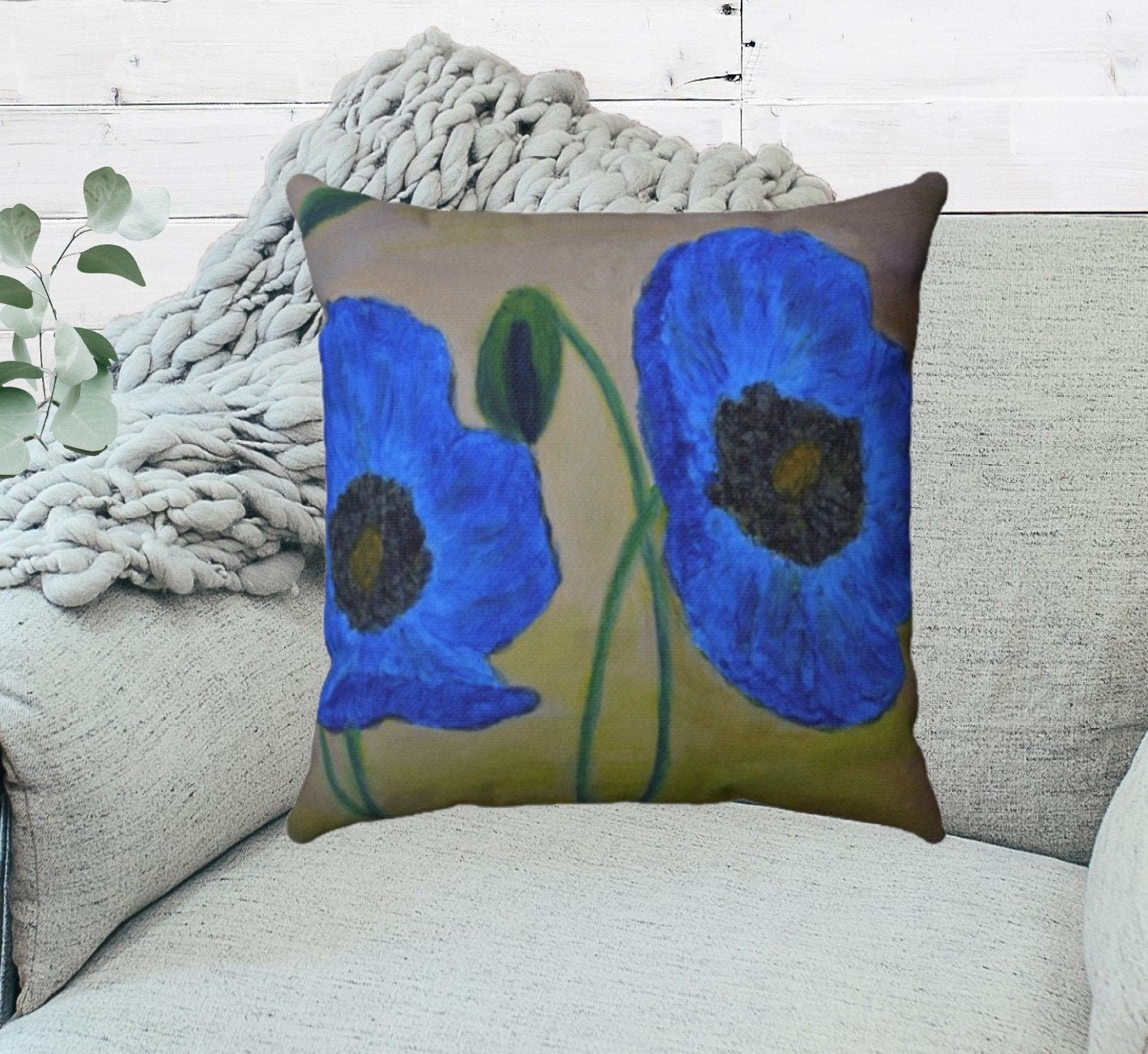 Blue Poppy Pillow Cover, Poppy Throw Pillow, Floral Throw Cover, Unique