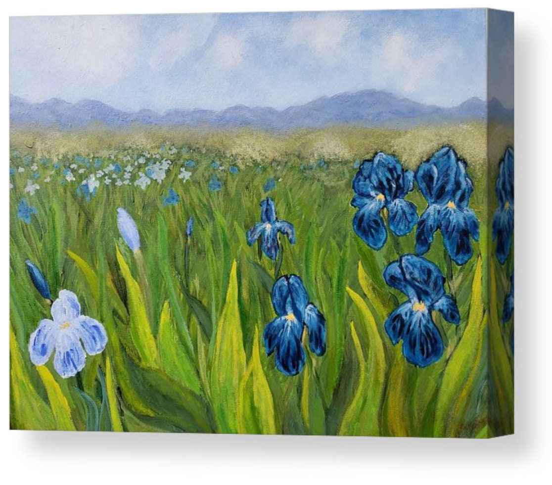 Iris Fields Landscape Painting Print, Blue Iris Painting, Iris Flowers