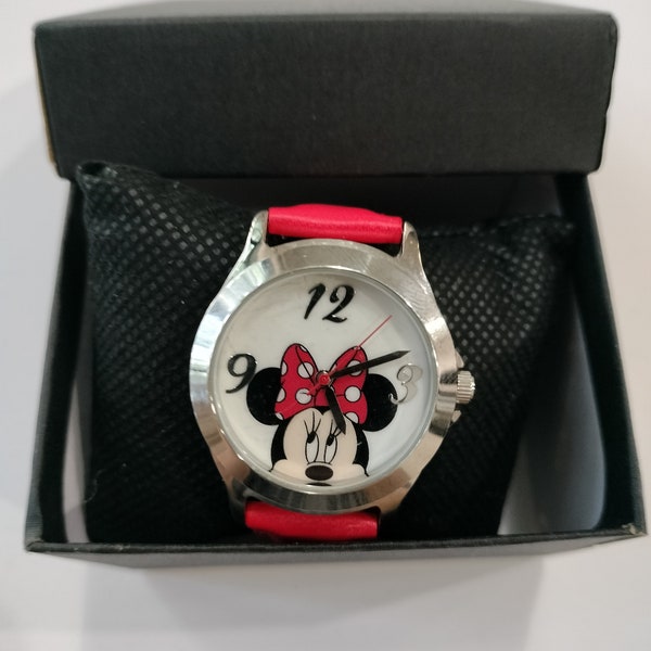 Disney Minnie Mouse Silver Tone Case Red Leather Band Watch New Battery MINQ1653