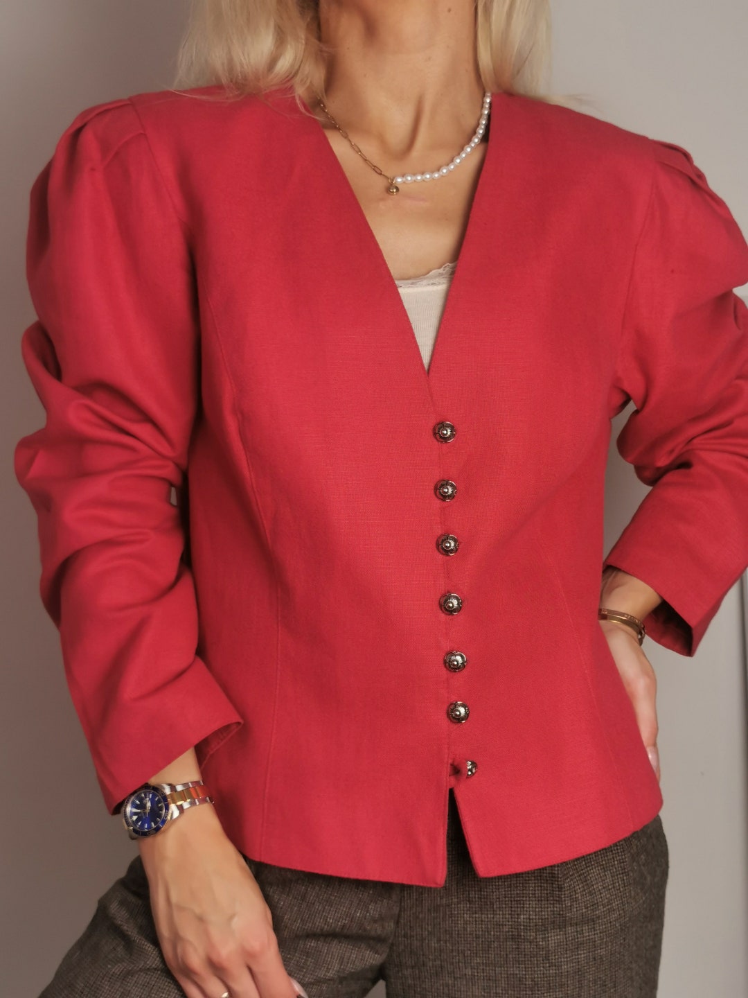 Vintage Red Blazer Second Hand Linen Blazer Elegant Retro Etsy