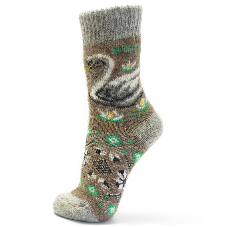 Best New Year Christmas Winter Wool Knitting Socks for Women with Swans Among the White Lilies Vintage style Winter Pattern Snowflakes