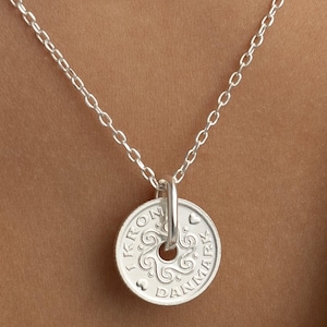Genuine Danish 1 Krone Coin Medallion Pendant | Necklace | Queen Margrethe II | Sterling silver Rhodium Plated Lucky Coin | 1992 - 2023