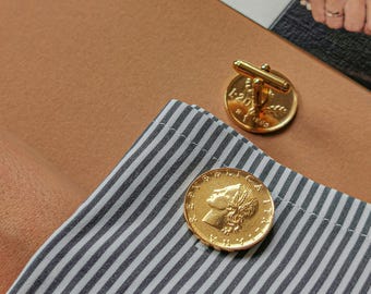 Gold Plated Italian Lire Coin Cufflinks - Oak Branch Design