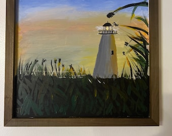 Framed lighthouse acrylic painting