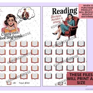 May include: A two-panel printable reading tracker featuring retro comic-style illustrations of people reading books. The left panel shows a person crying over a book with the text Crying over Book Boyfriends. The right panel shows a person in a chair reading with the text Reading Because murder is wrong. Both panels include rows of small book icons for tracking.