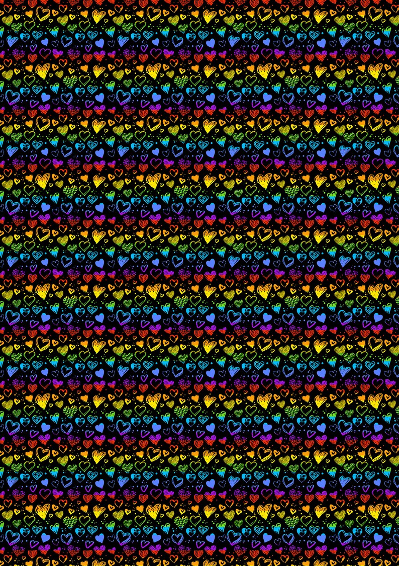 Pattern Printed Heat Transfer 12 x 17 Rainbow Doodle Hearts on Black Romantic Sheet  Patterned Vinyl Sheets