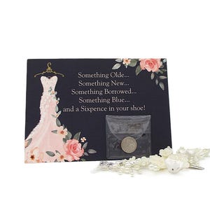 Lucky Wedding Sixpence "Origin of Wedding Rhyme©" Card Something Olde English Coin Keepsake Wedding Gift Navy with Pink Grown