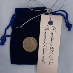 Lucky Sixpence: English Coin in Blue Velvet Bag, Wedding Keepsake