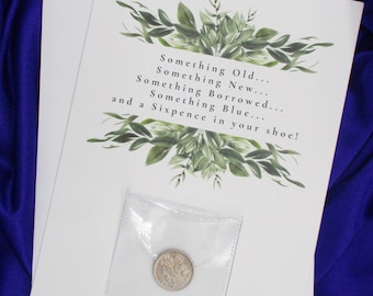 Lucky Sixpence for Bride!  Queen Elizabeth II Sixpence "The Origin of Wedding Rhyme©" story, Bohemian Watercolor Greenery Unique Keepsake!