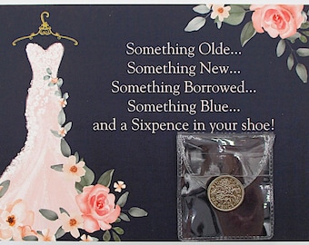 Lucky Wedding Sixpence &quot;Origin of Wedding Rhyme©&quot; Card Something Olde English Coin Keepsake Wedding Gift Navy with Pink Grown