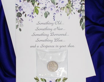 Lucky Sixpence for Bride!  Queen Elizabeth II Sixpence "The Origin of Wedding Rhyme©" story pale pastel watercolor card Unique Wedding Gift