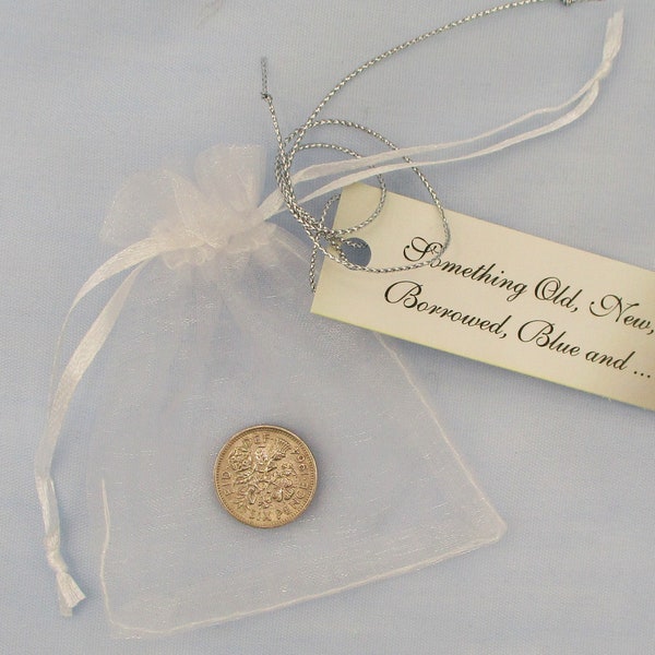 Lucky Sixpence for Bride!  Queen Elizabeth II Coin White Organza Bag, Something Old Tag, Unique Wedding, Engagement, Shower, Gift Keepsake