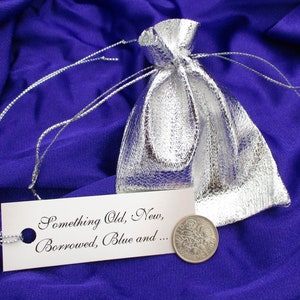 Lucky Bride Sixpence Queen Elizabeth II Sixpence Silver Metallic Bag, Something Old Tag.., Unique Wedding Gift Engagement Shower Keepsake image 1