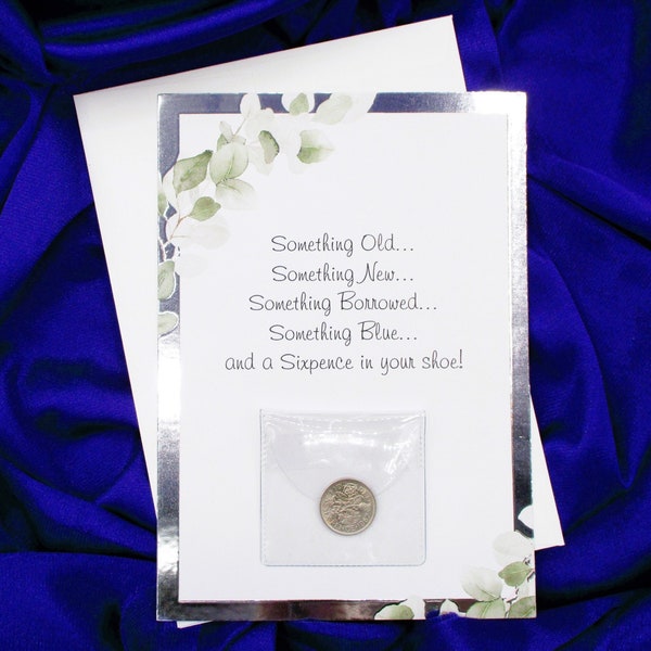 Lucky Sixpence for Bride!  Queen Elizabeth II Sixpence "The Origin of Wedding Rhyme©" story in a silver and sage card. Family Heirloom.