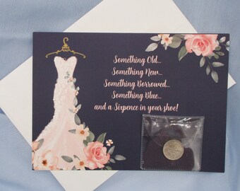 Lucky Sixpence for Bride!  Queen Elizabeth II Sixpence "The Origin of Wedding Rhyme©" story in card with a lovely gown on navy background.