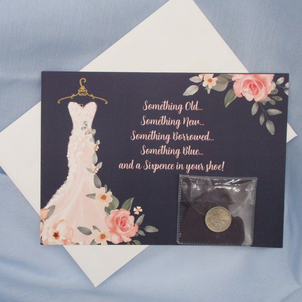 Lucky Sixpence for Bride!  Queen Elizabeth II Sixpence "The Origin of Wedding Rhyme©" story in card with a lovely gown on navy background.