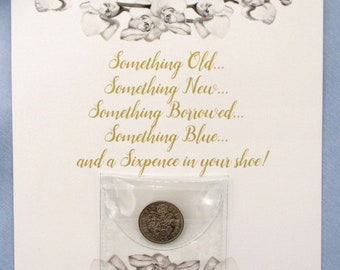 Lucky Sixpence for Bride!  Queen Elizabeth II Sixpence "The Origin of Wedding Rhyme©" story, Elegant Stylish Calligraphy Orchids Unique Card