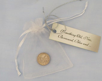 Lucky Sixpence for Bride!  Queen Elizabeth II Coin White Organza Bag, Something Old Tag, Unique Wedding, Engagement, Shower, Gift Keepsake
