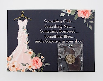Lucky Sixpence for Bride! "Something Olde" Queen Elizabeth II Sixpence "The Origin of Wedding Rhyme©" card lovely gown navy blue background