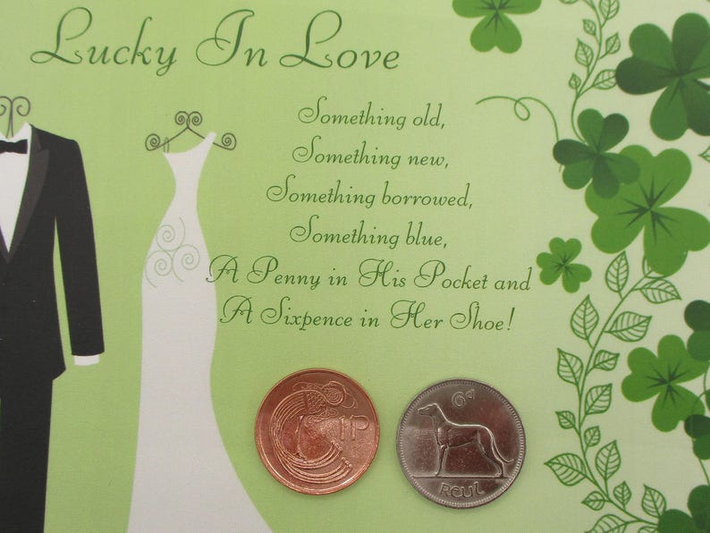 May include: A light green wedding-themed card with the text "Lucky In Love". It features a tuxedo, a wedding dress, and a poem about wedding traditions. Two coins are displayed at the bottom, one copper and one silver.