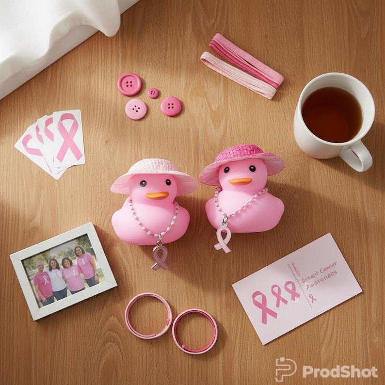 Pink Ribbon Rubber Duck, Straw Hat, Breast Cancer Awareness Gift image 2