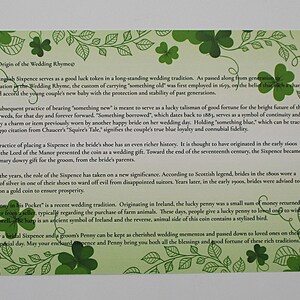 May include: A light green card with text about wedding traditions, including the English Sixpence and a lucky penny. The card has a border of green shamrocks and leaves.