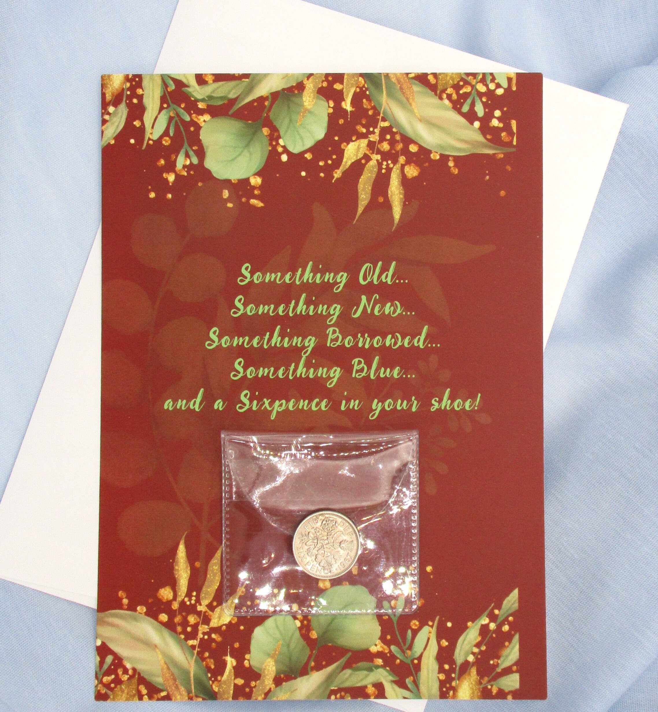 Lucky Sixpence for Bride!  Queen Elizabeth II Sixpence "The Origin of Wedding Rhyme©" Story in Lovely Terracotta Card, Family Keepsake