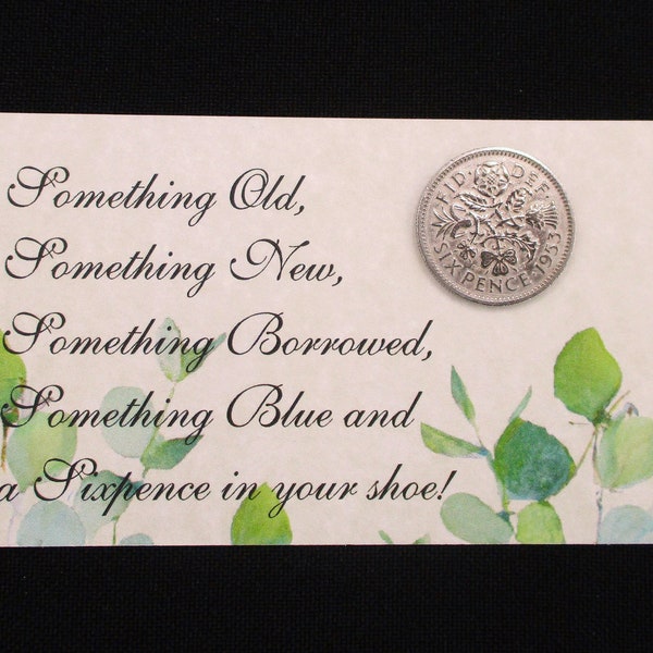 Sixpence Enclosure Card for Bride Authentic English Sixpence Greenery Something Old Unique Gift Bridal Shower Keepsake Family Heirloom