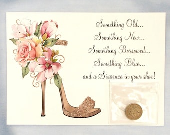 Lucky Sixpence for Bride!  Queen Elizabeth II Sixpence "The Origin of Wedding Rhyme©" story card with a lovely bouquet-topped wedding shoe