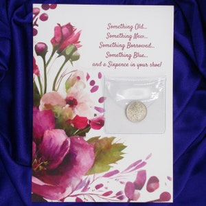 Lucky Sixpence for Bride!  Queen Elizabeth II Sixpence &quot;The Origin of Wedding Rhyme©&quot; story in pink magenta floral card. Unique Shower Gift