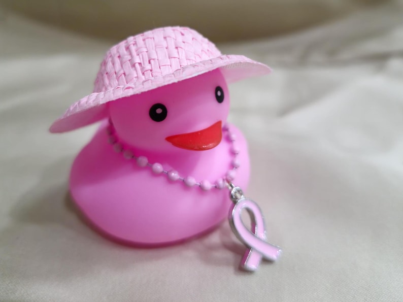 May include: A pink rubber duck wearing a pink straw hat and a pink ribbon necklace with a pink ribbon charm. The duck has a pink beak and black eyes.