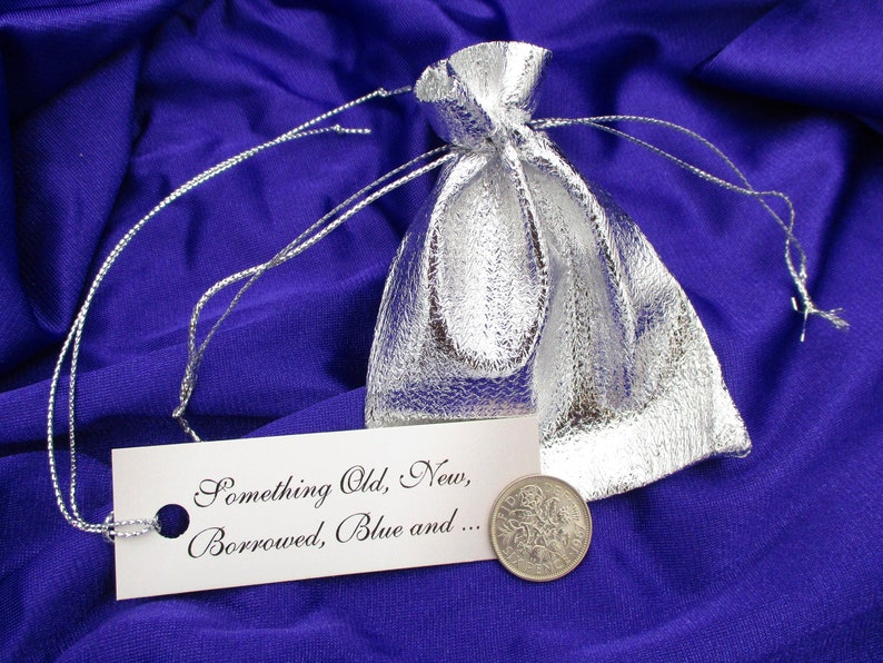 Lucky Bride Sixpence Queen Elizabeth II Sixpence Silver Metallic Bag, Something Old Tag.., Unique Wedding Gift Engagement Shower Keepsake image 1