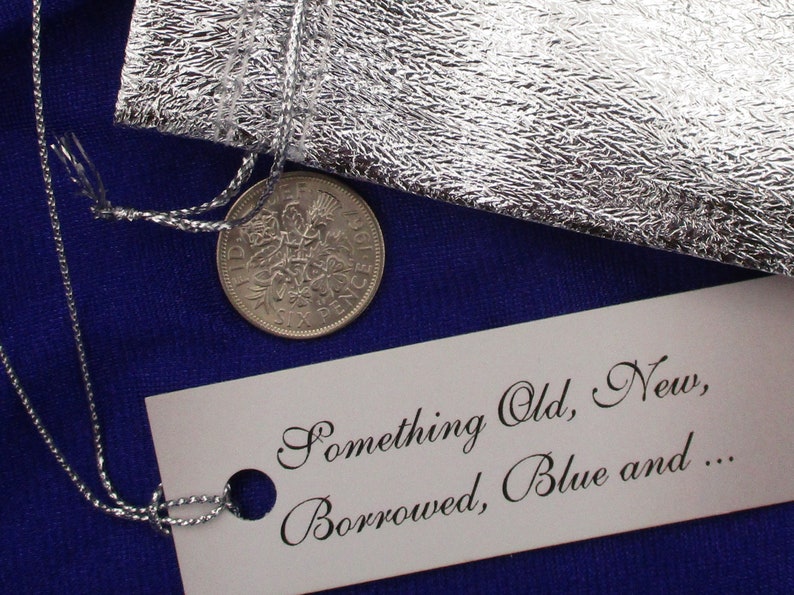 Lucky Bride Sixpence Queen Elizabeth II Sixpence Silver Metallic Bag, Something Old Tag.., Unique Wedding Gift Engagement Shower Keepsake image 5