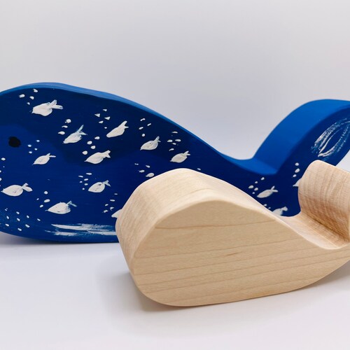 Wooden whale large hand painted and small natural wood set, ocean play