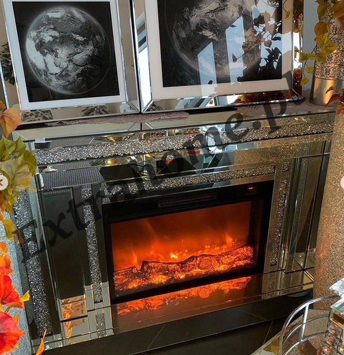Mirrored electric 2024 fireplace tv stand