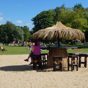 Puede incluir: Un bar tiki con techo de paja, una mesa de madera y sillas en una playa de arena. El bar est&aacute; rodeado de &aacute;rboles y hay gente en el fondo.