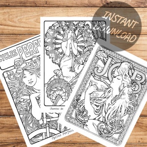 Alphonse Mucha Coloring Pages, Adult Colouring Lockdown Gift for Social Distancing, Printable Coloring Quarantine Activity