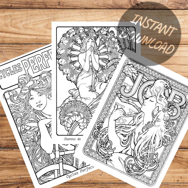 Alphonse Mucha Coloring Pages, Adult Colouring Lockdown Gift for Social Distancing, Printable Coloring Quarantine Activity