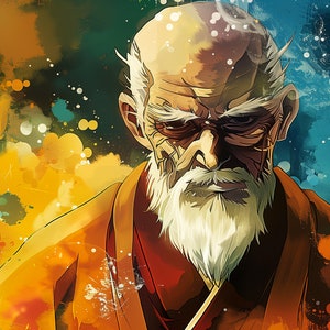 May include: Digital art portrait of an elderly man with a long white beard and stern expression. He wears a reddish-brown robe against a backdrop of colourful brushstrokes in shades of yellow, orange, and blue.
