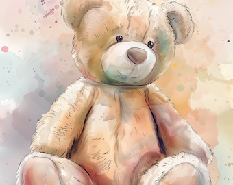 Watercolor Brown Teddy Bear Nursery Wall Art Printable, Neutral Baby Room Decor, Cute Bear Nursery Print, Kids Room Wall Art Download
