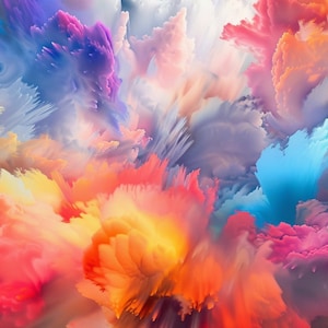 May include: Abstract painting with vibrant colors, including blue, pink, yellow, and orange, resembling a swirling cloud formation.