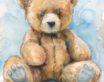 Watercolor Brown Teddy Bear Nursery Wall Art Printable, Neutral Baby Room Decor, Cute Bear Nursery Print, Kids Room Wall Art Download