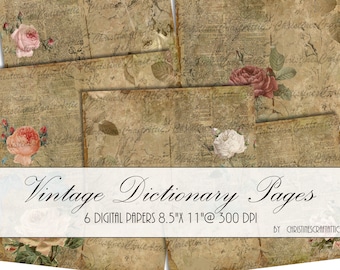 May include: Six digital papers featuring vintage dictionary pages with roses and handwritten text. Each paper is 8.5 inches by 11 inches at 300 DPI.