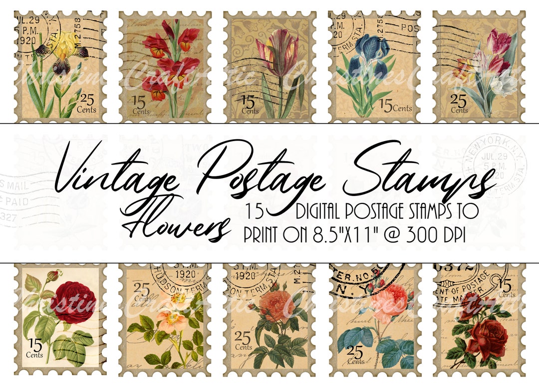 Vintage Postage Stamps Flowers Printables Junk Journal Ephemera Vintage Postage Stamps Flowers Printables Junk Journal Ephemera
