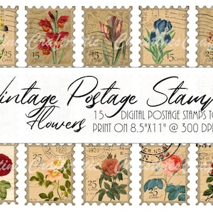 May include: Vintage digital postage stamps featuring various flowers, including irises, tulips, gladiolus, and roses. The stamps are designed to print on 8.5 x 11 inch paper at 300 DPI.