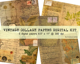 Vintage Collage Papers Set- Digital Junk Journal Kit, Printables, Art Journal Ephemera, Scrapbooking, Digital Download, Mixed Media