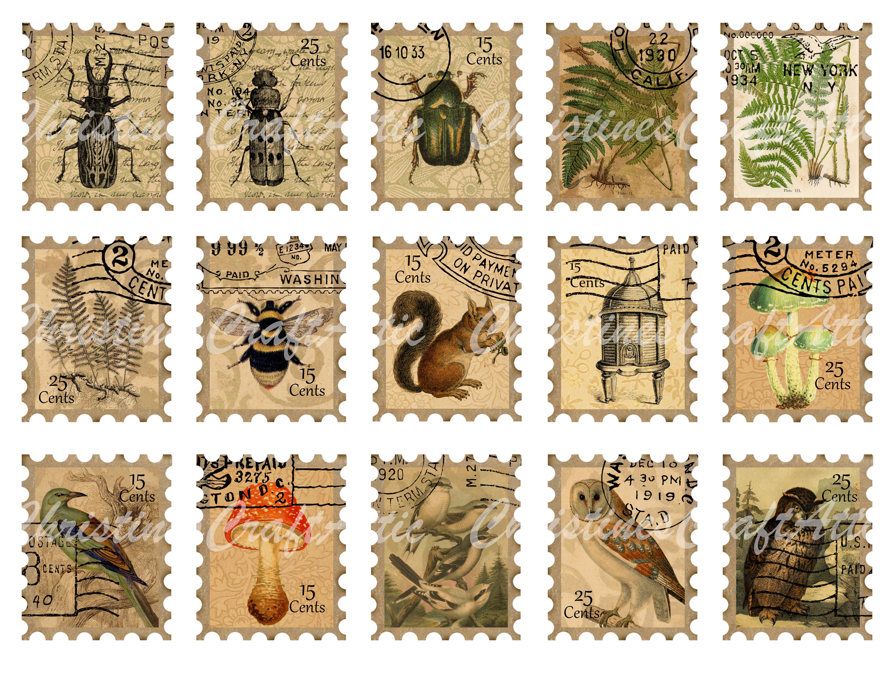 Rustic Stamps Vintage Postage Stamps Woodland Theme Printables, Junk Journal Ephemera ...